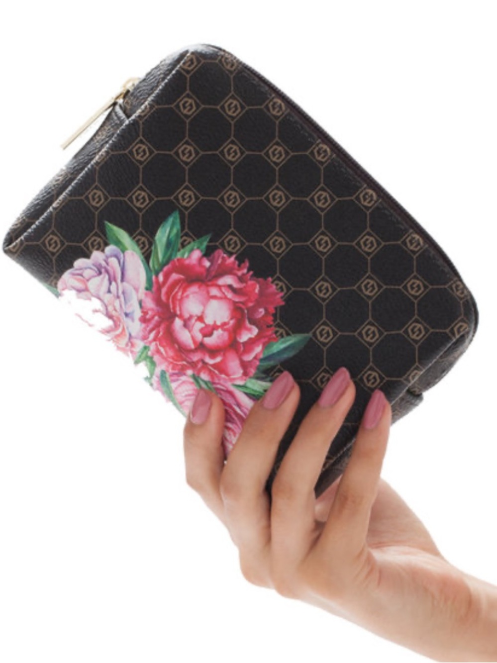 jouer Black Floral Zip Cosmetic Pouch with Pink Flowers
